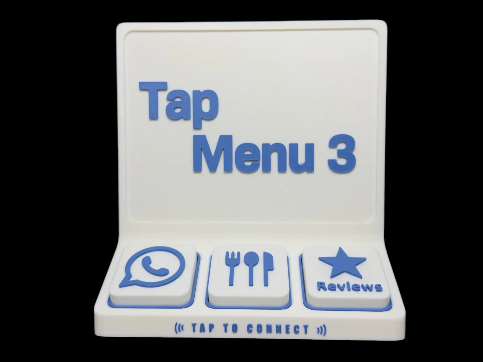 Tap Menu 3 from the front with three tiles in place: WhatsApp, menu and reviews.